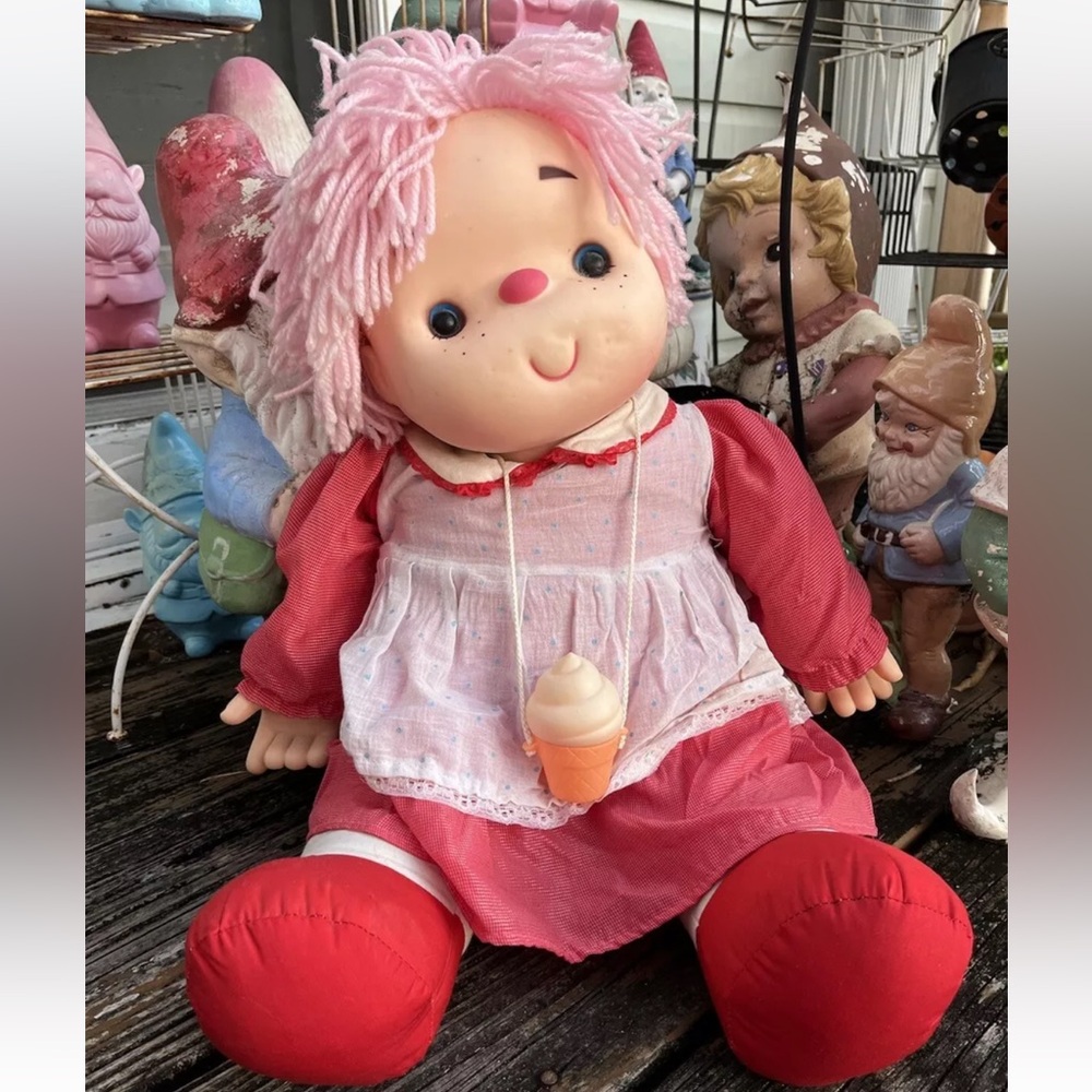 Ice Cream Doll Girl Pink Yarn Hair 23” Ice Cream Necklace J Shin Co Vintage 80s